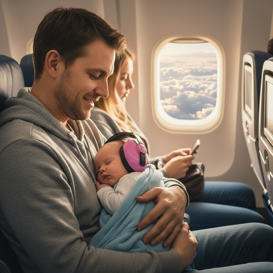 Papa et bébé avec casque rose en avion