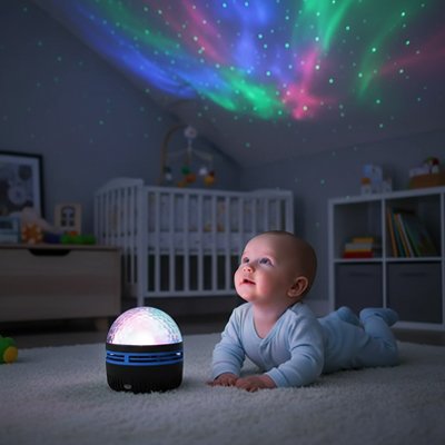 Veilleuse bébé regardant les lumières du projecteur coloré